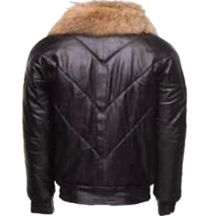 Black Puffer V-Bomber Leather Jacket With Fur Collar