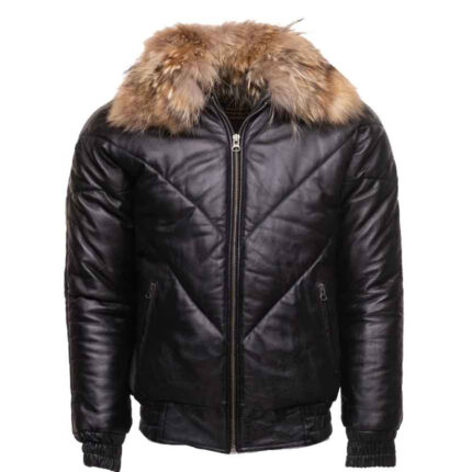 Black Puffer V-Bomber Leather Jacket With Fur Collar