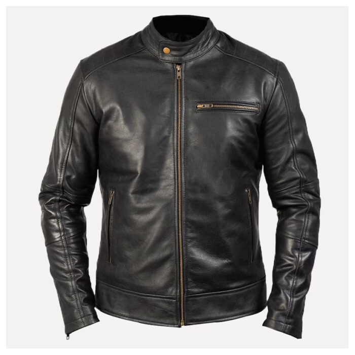 Mens Black Cafe Racer Biker Leather Jacket