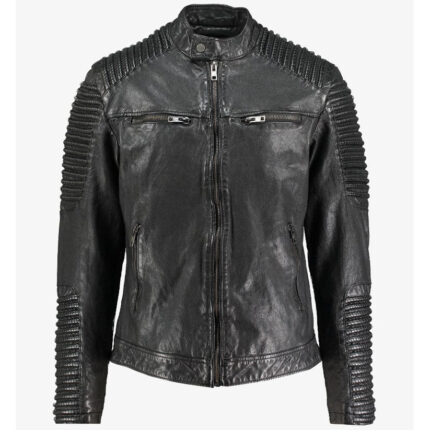 Mens Black Distressed Leather Moto Biker Jacket