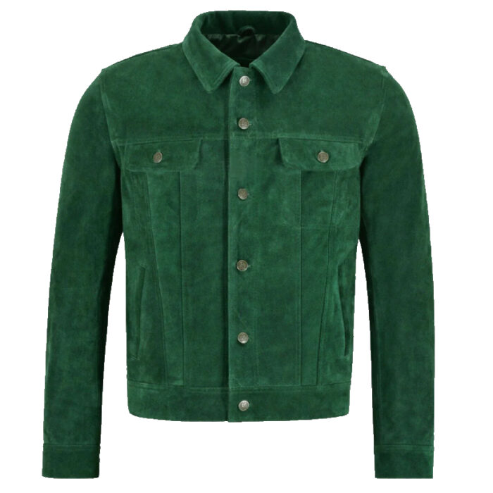 Mens Green Trucker Suede Leather Jacket