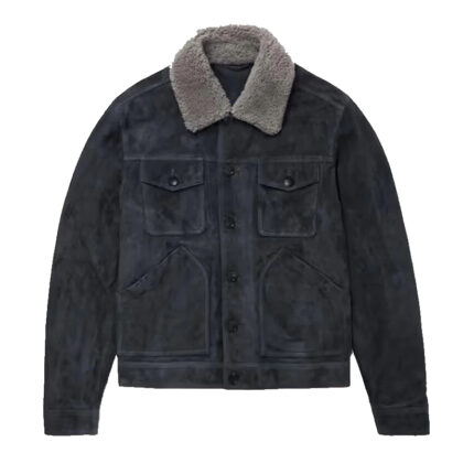 Men's Navy Fur Collar Suede Blue Leather Trucker Jacket