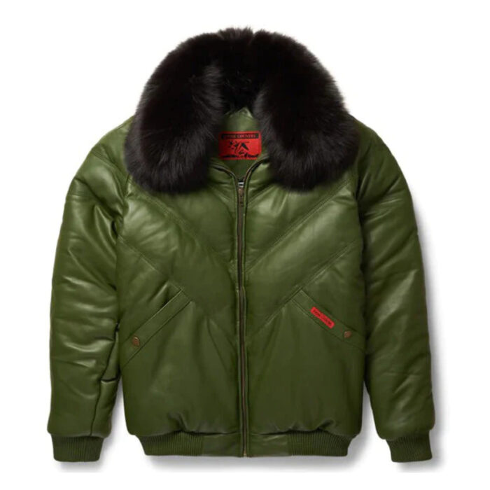 Men's Olive Leather V-Bomber Jacket