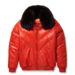 Men's Orange Leather V-Bomber Jacket