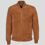 Mens Tan Plain Classic Style Suede Biker Leather Jacket