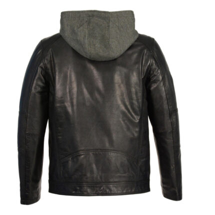 Snap Collar Jacket w/ Removable Hood Leather Moto Jacket