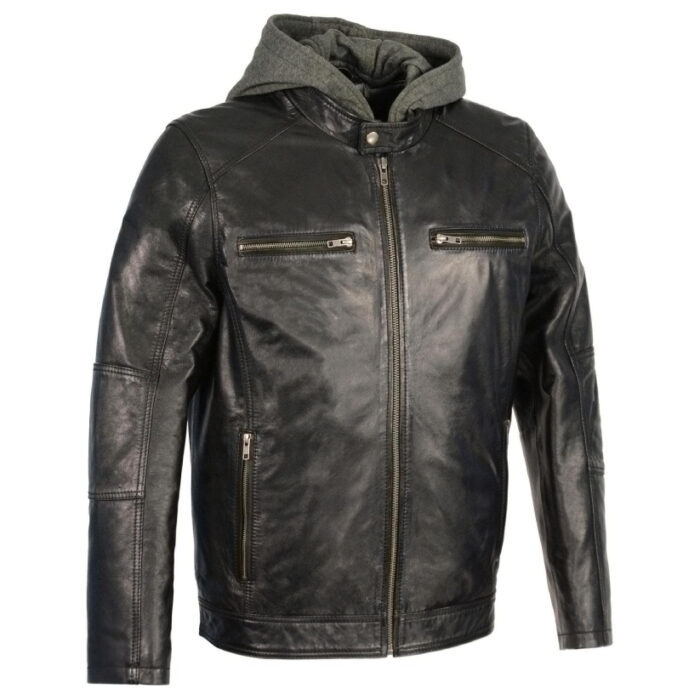 Snap Collar Jacket w/ Removable Hood Leather Moto Jacket