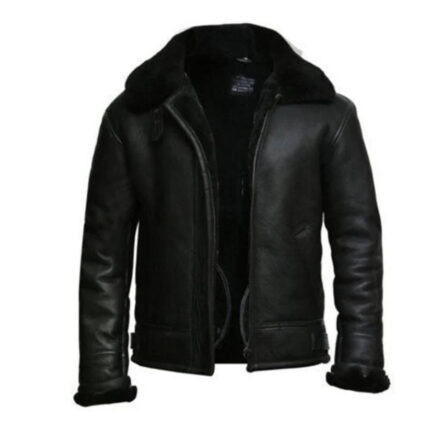 Black Aviator Leather Jacket With Fur Collar