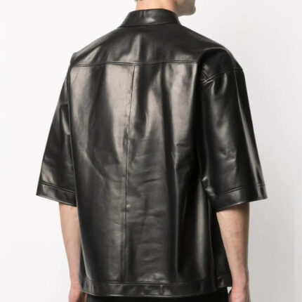 Half Sleeves Soft Sheepskin Black Leather Shirt For Men