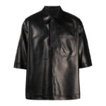 Half Sleeves Soft Sheepskin Black Leather Shirt For Men