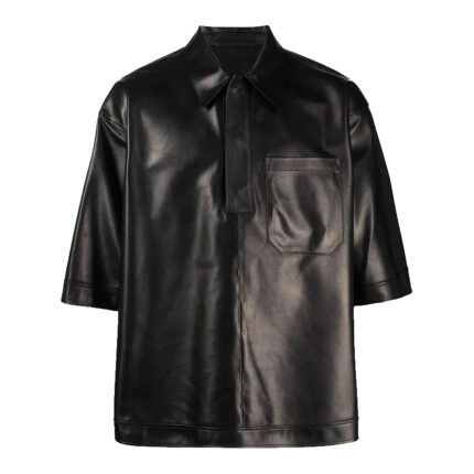 Half Sleeves Soft Sheepskin Black Leather Shirt For Men