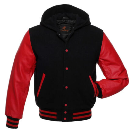 Hoodie Black Body and Red Leather Letterman Varsity
