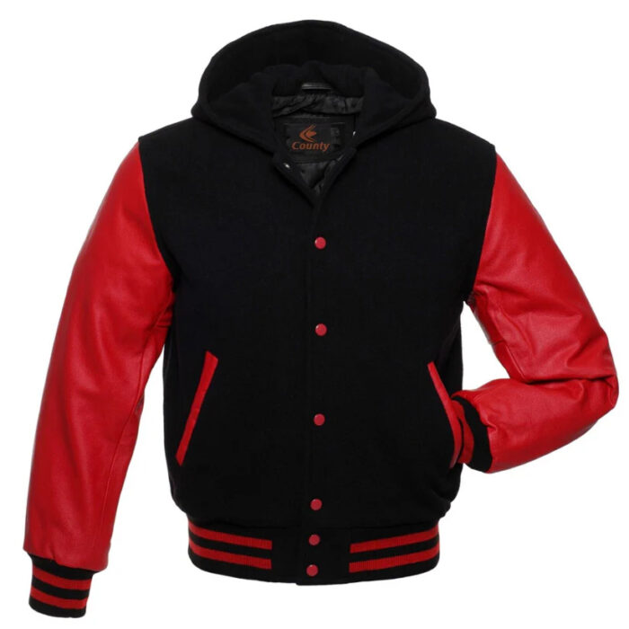 Hoodie Black Body and Red Leather Letterman Varsity