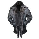 Men Shearling Bomber Black Leather Coat