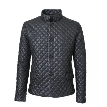 Mens Black Leather Puffer Jacket With Diamond Quilted