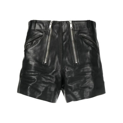 Mens Front-Zip Black Leather Shorts
