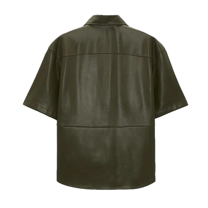 Men's Half Sleeves Leather Shirt In Dark Green