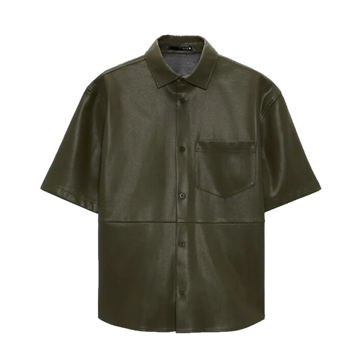 Men's Half Sleeves Leather Shirt In Dark Green