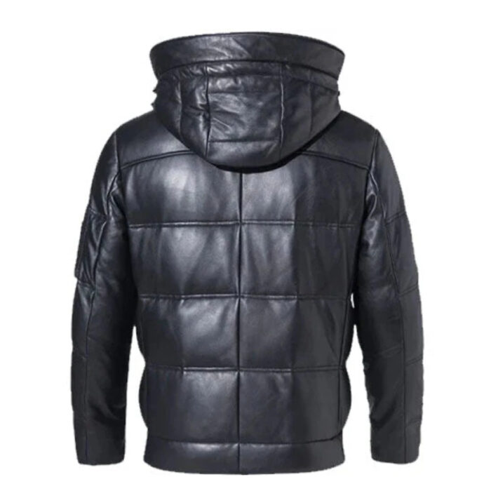 Mens Hooded Style Leather Puffer Jacket In Black