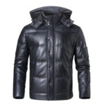 Mens Hooded Style Leather Puffer Jacket In Black