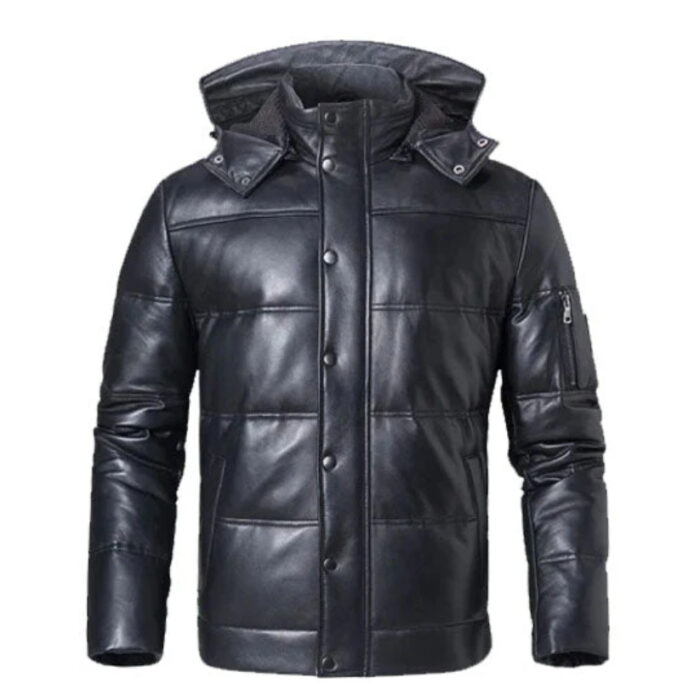 Mens Hooded Style Leather Puffer Jacket In Black