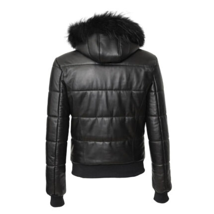 Mens Leather Puffer Jacket Black With Fur Hood