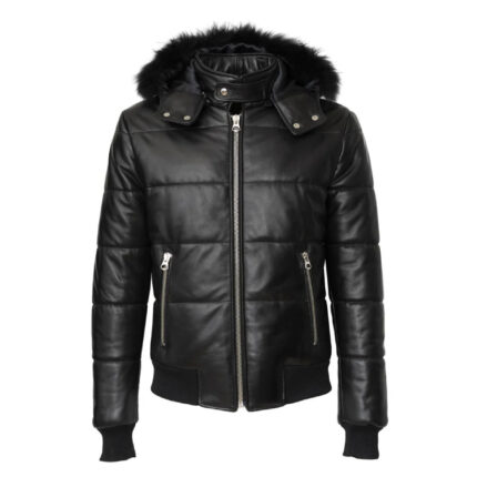 Mens Leather Puffer Jacket Black With Fur Hood