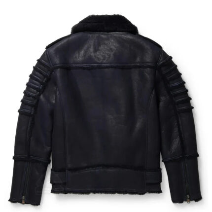 Men's Navy Genuine Black Shearling Moto Jacket