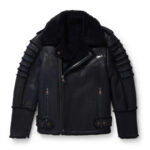 Men's Navy Genuine Black Shearling Moto Jacket