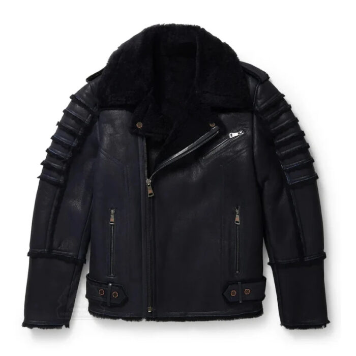 Men's Navy Genuine Black Shearling Moto Jacket