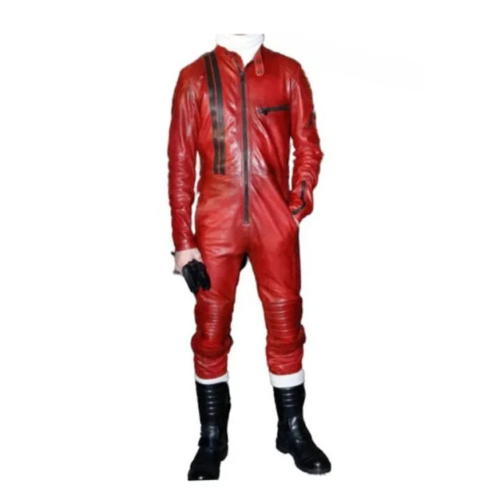 Mens Racing Real Sheepskin Red Leather Jumpsuit