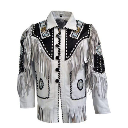 Men's White Black Suede Western Fringe Jacket