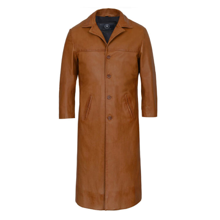 Tan Leather Trench Coat For Men