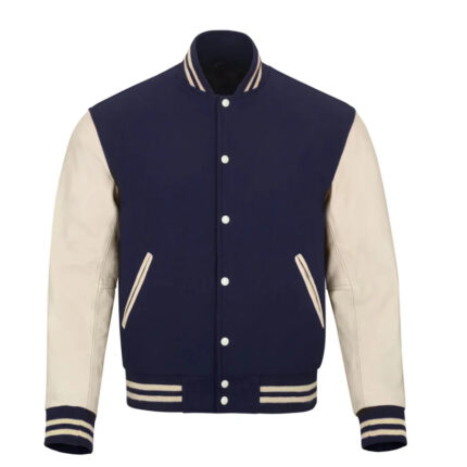 Varsity Letterman Bomber Navy Blue Leather Jacket