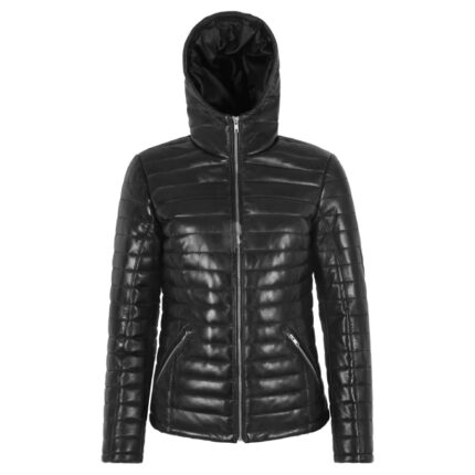 Ladies Puffer Hooded Leather Jacket