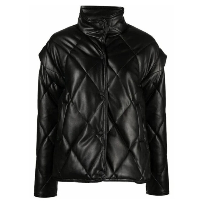 New Women Black Puffer Leather Jacket