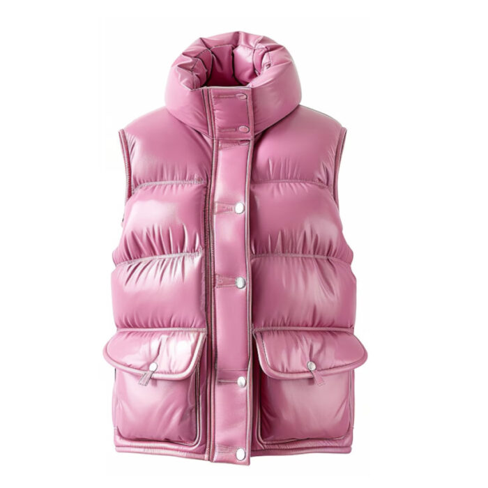 Pink Leather Down Puffer Vest Jacket