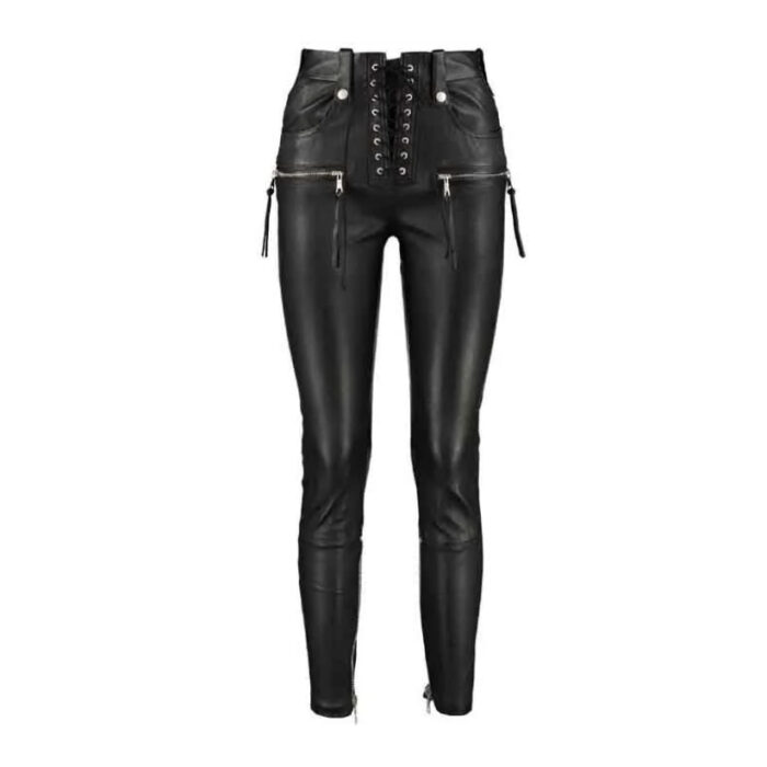 Women Black Leather Biker Pant Zipper Style