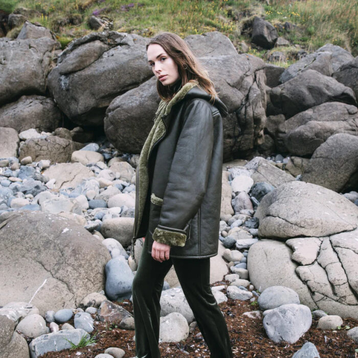 Women Green Shearling Coat With Hoodie