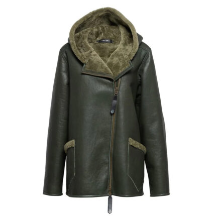 Women Green Shearling Coat With Hoodie