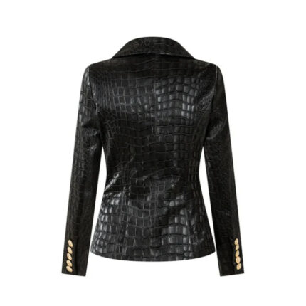 Women Leather Black Blazer With Golden Buttons