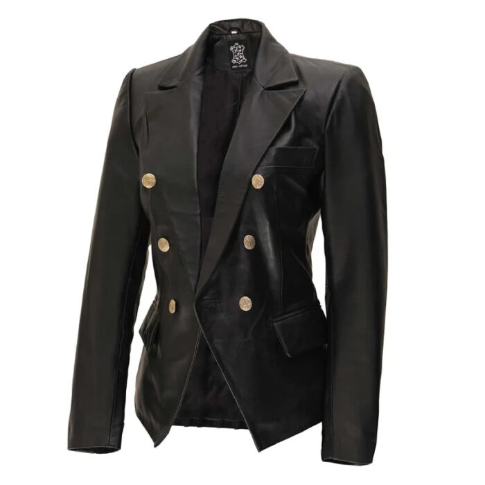 Womens Black Leather Double Breasted Blazer