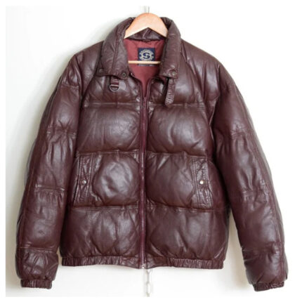 Womens Brown Bomber Leather Puffer Jacket