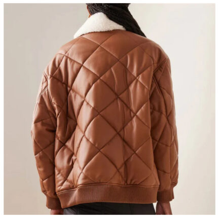 Womens Brown Puffer Leather Bomber Jacket in Fur Collar