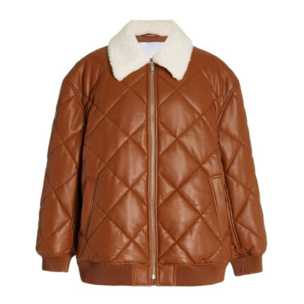 Womens Brown Puffer Leather Bomber Jacket in Fur Collar