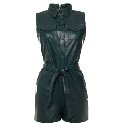 Womens Dark Green Leather Jumpsuit Multi Pocket