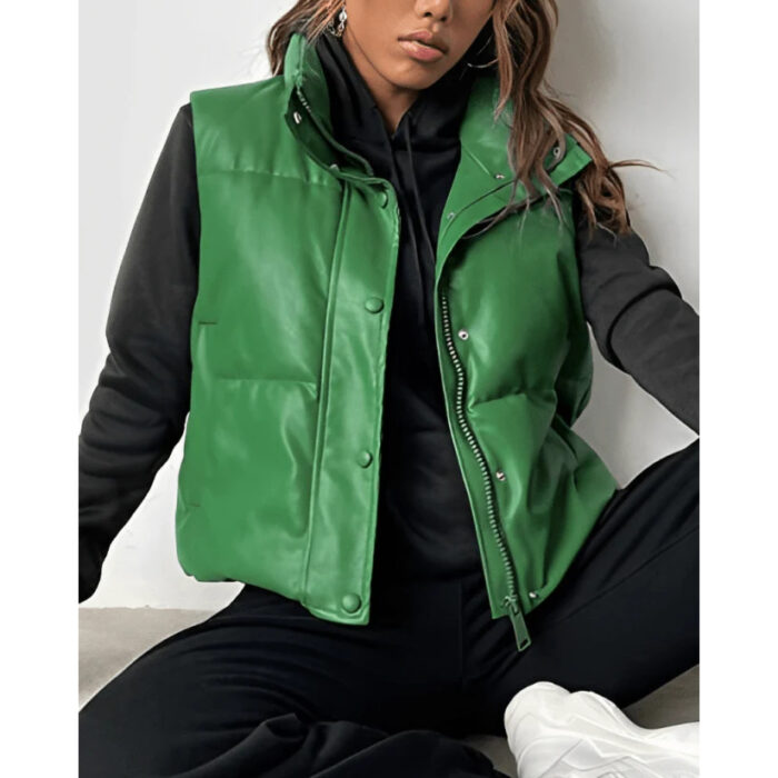 Womens Puffer Leather Vest In Green