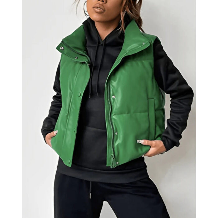 Womens Puffer Leather Vest In Green