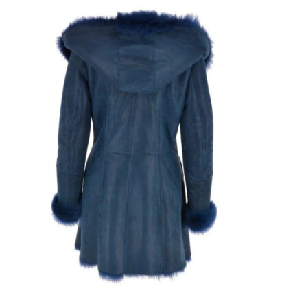 Womens Sheepskin Royal Blue Fur Hoodie Coat