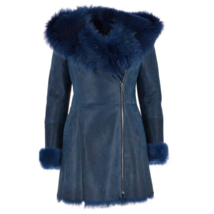 Womens Sheepskin Royal Blue Fur Hoodie Coat